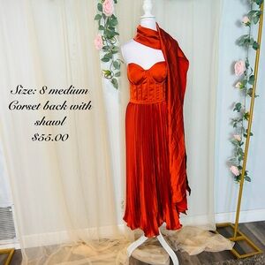 Elegant Strapless Orange Red Dress with Shawl